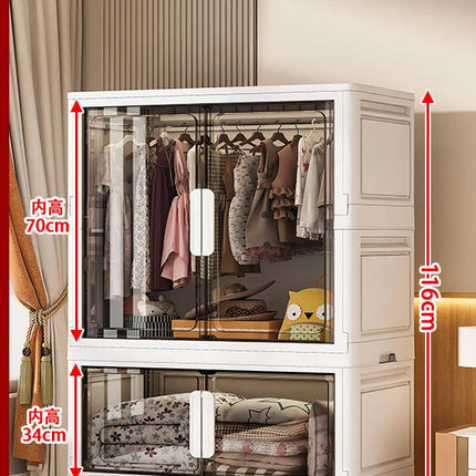 Double Door Open Clothes Storage Organizer with Wheels Foldable Wardrobe Cabinet Baby Cupboard Organizing Box Containers Bin