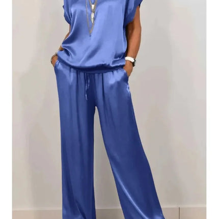 2-piece Set Fashion Satin O Neck T-shirt Top Trousers Summer Retro Elegant Casual Loose Wide