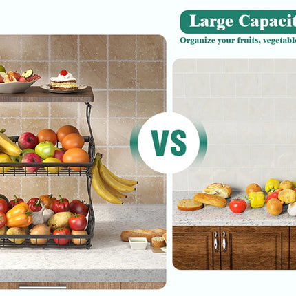 3 Tier Countertop Fruit Basket Bread Bowl with Wooden Top for Kitchen,Stackable Vegetable Onion Storage Wire Basket with Hangers