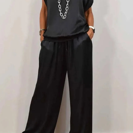 Casual Loose Satin T Shirt Pants Two Piece Sets Women Fashion O-neck Short Sleeve T Shirts Suit Spring Summer