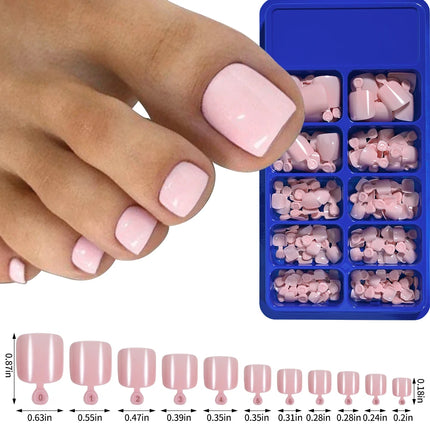 144pcs Short Square False Toe Nails Lake Blue/White/Red/Nude Press