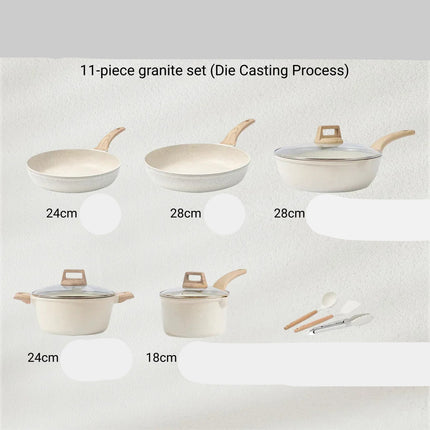 11-piece granite cookware set with dimensions and features on a light gray background