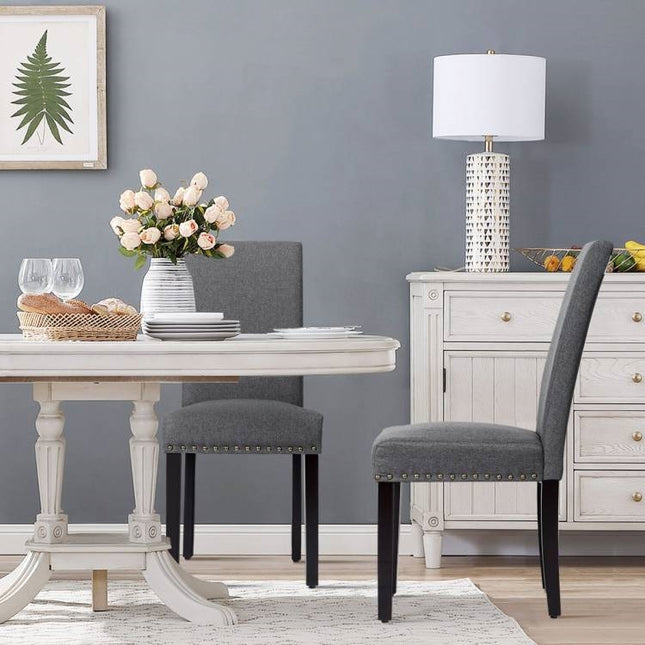Set of 2 Grey Linen Upholstered Nailhead Dining Chair - 330 lbs. Weight Capacity