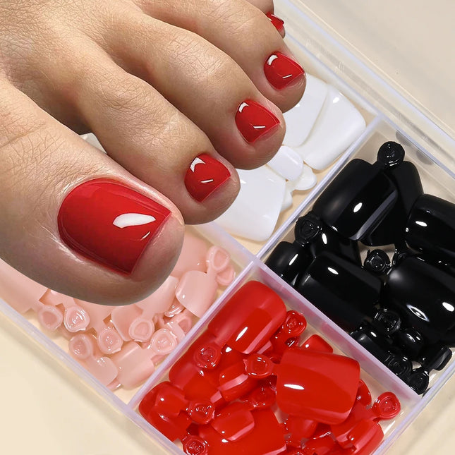 96Pcs-box Short Press On Toe Nails Red High Saturation Fake Toe Nails French