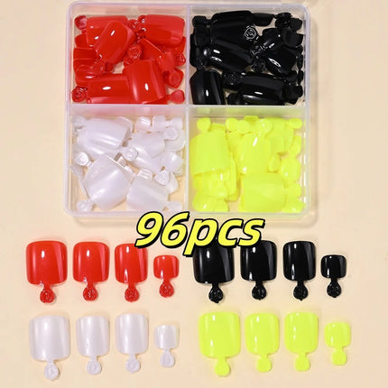 96Pcs-box Short Press On Toe Nails Red High Saturation Fake Toe Nails French