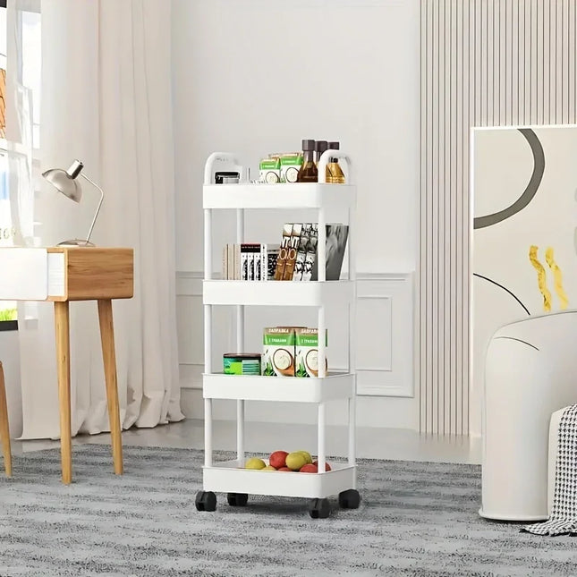 Multifunctional White Rolling Storage Cart:Open Shelves for Living Spaces Book Display,Ideal for Kitchen,Bedroom Storage Decor