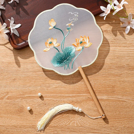 Embroidered Group Fan Ancient Style Fan Summer Long Handled Tassel Dance Hanfu Palace Fan Children's Cheongsam Round Fan