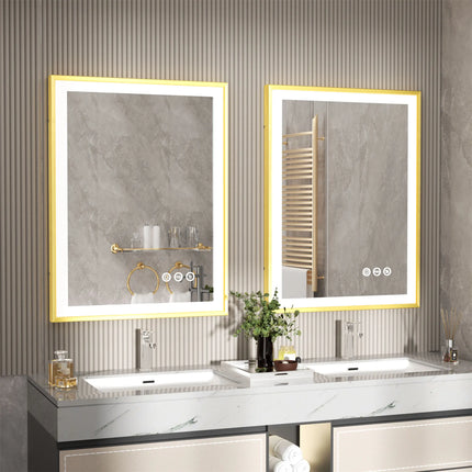LED Bathroom Vanity Mirror Gold Frame Front Lighted Aluminum Rectangle Beveled Edge Tricolors Stepless Dimmable