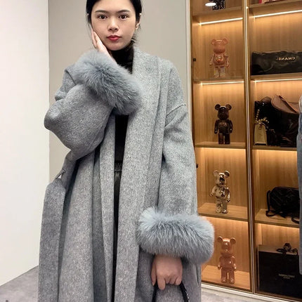 High End Double-sided Wool Strapping Real Wool Fur Coat Women's Removable Cuffs Fox Fur Temperament Cashmere Short Jacket