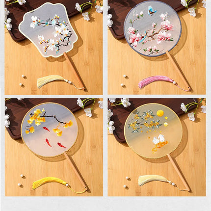 Embroidered Group Fan Ancient Style Fan Summer Long Handled Tassel Dance Hanfu Palace Fan Children's Cheongsam Round Fan