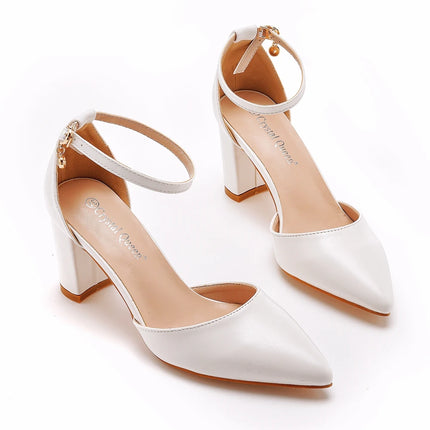Crystal Queen Women 7CM Thick High Heels Sexy Pumps White Wedding Bride Shoes Pointed Toe Buckle Strap Sandals