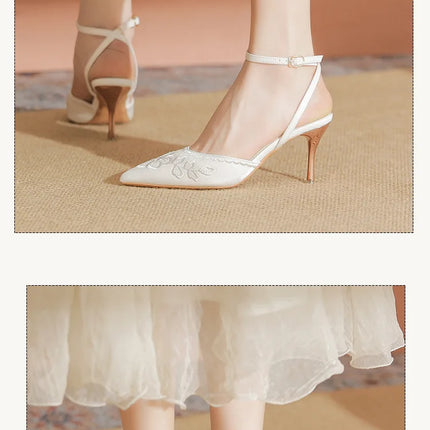 Women Fashion Pumps Woman 7cm Flower Heels High Heel Shoes Buckle Strap Silk Shallow Pointed Toe Sandals Lady Wedding Shoe white