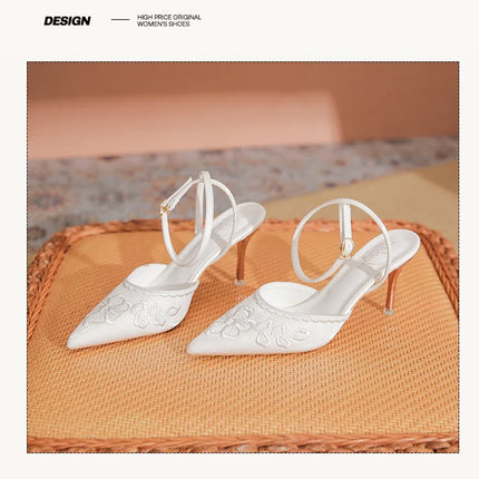 Women Fashion Pumps Woman 7cm Flower Heels High Heel Shoes Buckle Strap Silk Shallow Pointed Toe Sandals Lady Wedding Shoe white