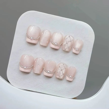 10pcs Handmade Press on Nails Plaid Pearl French Cat's Eye Aurora Fishtail Full Coverage