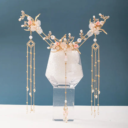 Chinese Long Hair Stick tiara Headpiece Women Hair Accessories Flower Crystal Pearl Hair Pins Handmade Hanfu Hair Jewelry Set