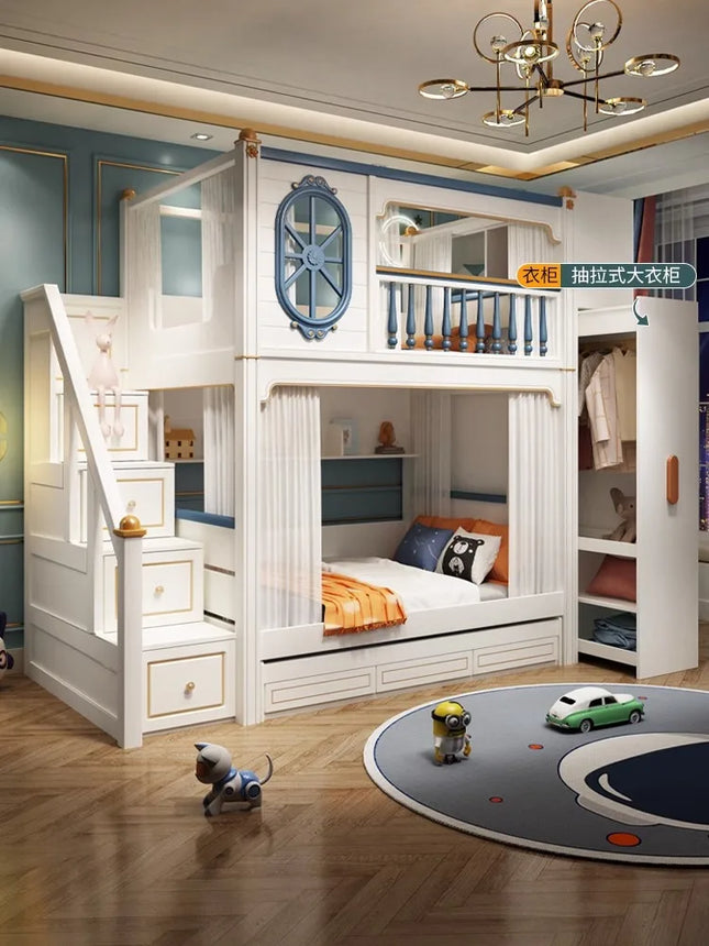 Upper and Lower Child Beds, High and Low Bunk Guardrails, Sliding Slide Beds Twin Bed  Kids Bed  Bunk Beds for Kids