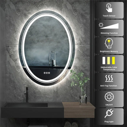 LUVODI Bathroom Mirror LED Light Oval Frameless Shower Shaving Makeup Mirror for Restroom Washroom Dimming Defog