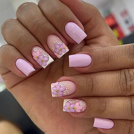 24pcs Short Square Press on Nails Jade Flower Sparkling