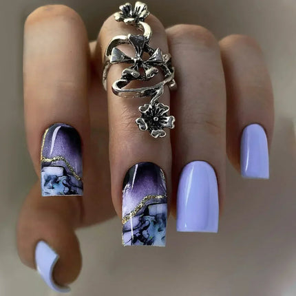 24pcs Short Square Press on Nails Jade Flower Sparkling