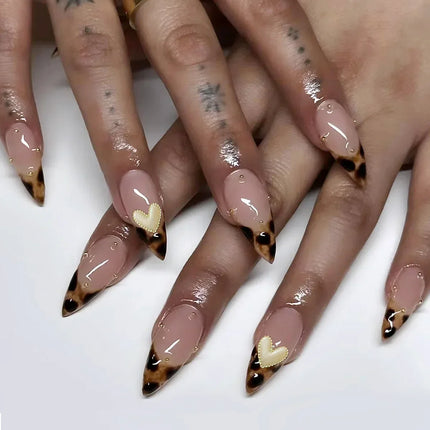 24pcs Leopard Print Almond Fake Press on Nails with Mini Flower Acrylic