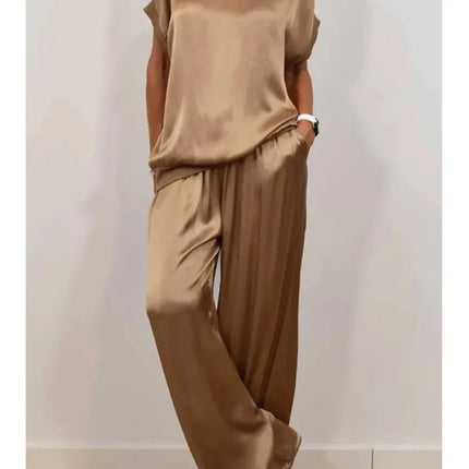 2-piece Set Fashion Satin O Neck T-shirt Top Trousers Summer Retro Elegant Casual Loose Wide