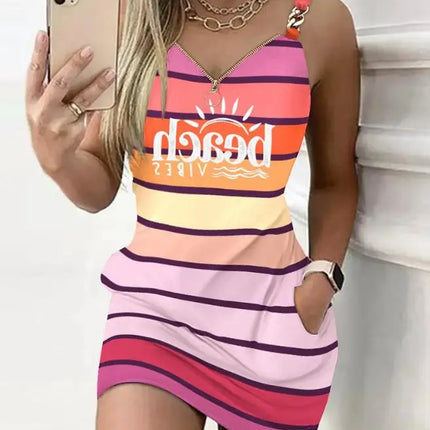 Y2K Fashion Women's Dress Casual Sexy Strap Sleeveless Denim Look Print Chain Decor Casual Dress 2025 Summer New Ottd