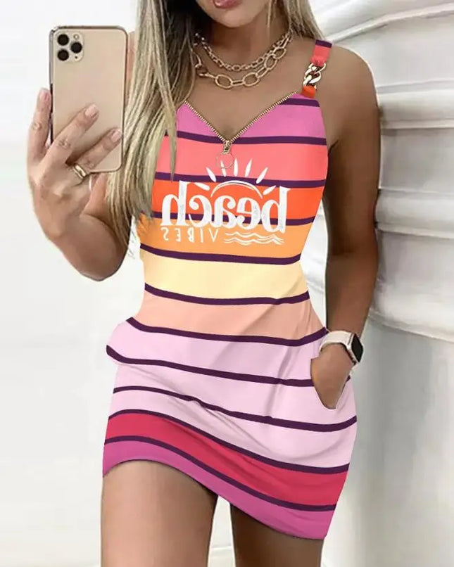 Y2K Fashion Women's Dress Casual Sexy Strap Sleeveless Denim Look Print Chain Decor Casual Dress 2025 Summer New Ottd
