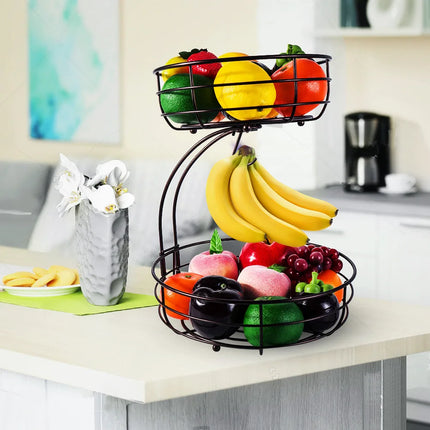 2-Tier Fruit Basket, Metal Fruit Bowl, Bread Baskets, Fruit Holder, Large Fruit Stand Organizer With Banana Hanger, Black