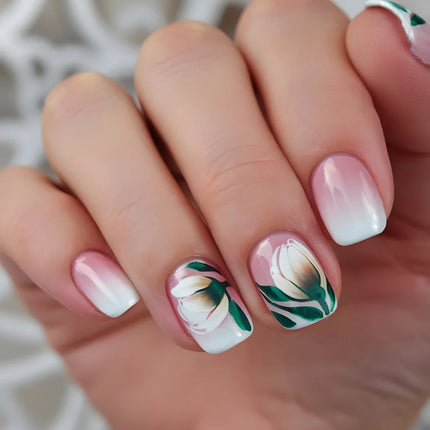 24pcs Short Square Press on Nails Jade Flower Sparkling