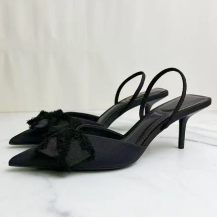 2025 Summer Women Slingback Shoes Black Bow Decoration Pointed Toe High Heels Formal Business Stiletto Female Party Sandals