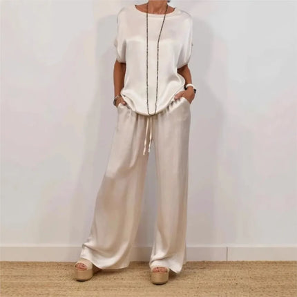 2-piece Set Fashion Satin O Neck T-shirt Top Trousers Summer Retro Elegant Casual Loose Wide