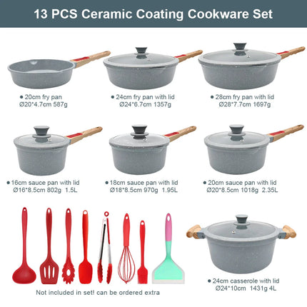 13 Piece Cast Aluminum Cookware Set Ceramic Coating Pan and Pot Set