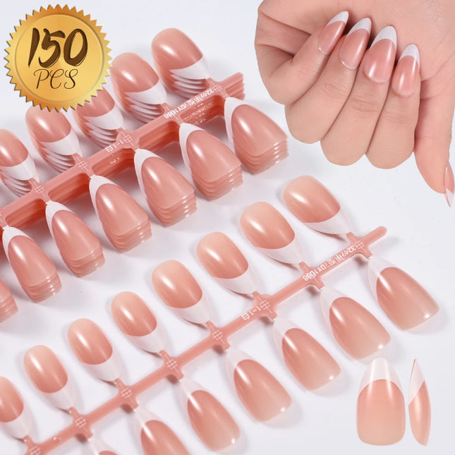 150Pcs Pre-made French False Nails Scarless Coffin Almond Fake Nail