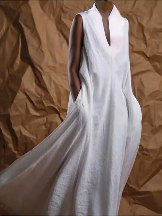Maxi Dress for Women Solid White Minimalist Casual Pocket Vintage Long Dress Sleeveless Cotton Harajuku New Fashion Dresses