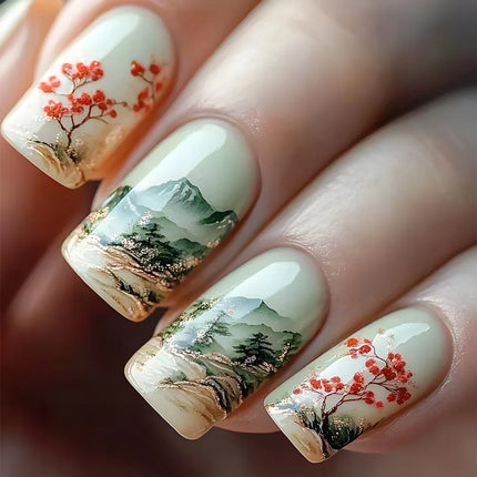 24pcs Short Square Press on Nails Jade Flower Sparkling