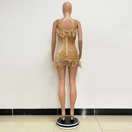 Spring And Summer Women's Clothing MINI Short Solid Color New Wind Sequins Halter Beach Dress One-word Shoulder Feathers Spice G