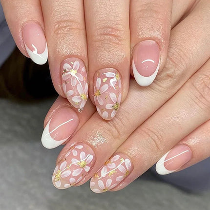 24Pcs Short Almond Press-On Nails Pink Floral French Tip Glossy&Elegant Full Cover