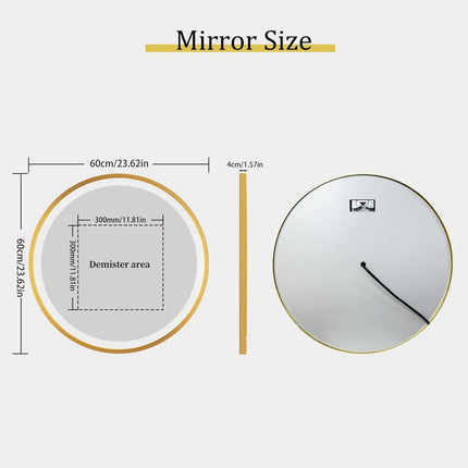Bathroom Mirror with LED 60/80cm Round Illuminated Wall Mirror Aluminum Gold Frame Anti-fog 3 Lighting Color Memory Function