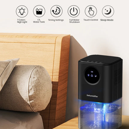 Portable Dehumidifier With 35 Ounces Capacity, Silent Operation, With Romantic Colorful Lights, Timer Switch