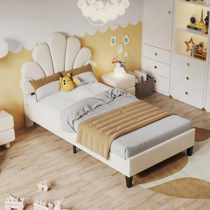 90 x 200 cm Single Bed for Teenagers and Adult , Beige Velvet Fabric with Flower-shaped Headboard and Slatted Frame