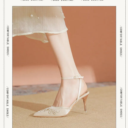 Women Fashion Pumps Woman 7cm Flower Heels High Heel Shoes Buckle Strap Silk Shallow Pointed Toe Sandals Lady Wedding Shoe white