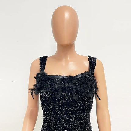 Spring And Summer Women's Clothing MINI Short Solid Color New Wind Sequins Halter Beach Dress One-word Shoulder Feathers Spice G