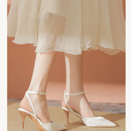 Women Fashion Pumps Woman 7cm Flower Heels High Heel Shoes Buckle Strap Silk Shallow Pointed Toe Sandals Lady Wedding Shoe white