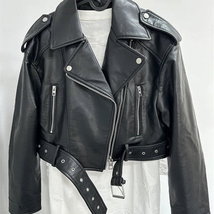 2024New Coal graysty le Women's washed leather jacket with belt, short coat with downgraded zipper and vintage lapel jacket