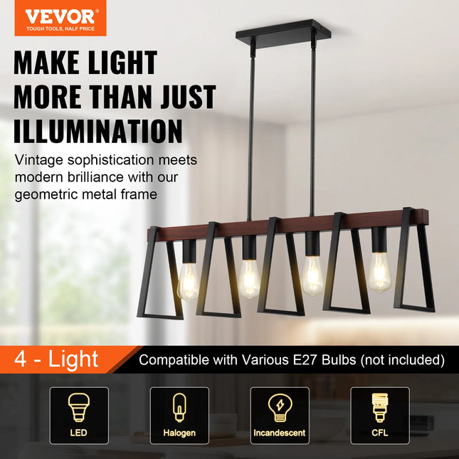VEVOR 4-Light Kitchen Island Pendant Lights 60W with 2x6'' & 6x12'' Rods Industrial Metal Frame Farmhouse Linear Chandeliers