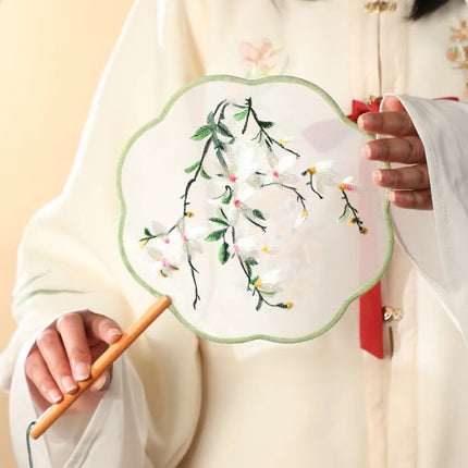 Embroidered Group Fan Ancient Style Fan Summer Long Handled Tassel Dance Hanfu Palace Fan Children's Cheongsam Round Fan