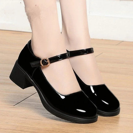 patent leather buckle strap square heel shoes lady comfort office career work pumps