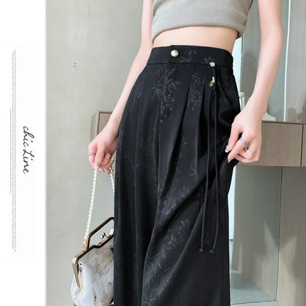 New Chinese Style Jacquard Wide Leg Satin Pants for Women Elegant Solid Office Lady Women's Casual Loose Pants Female