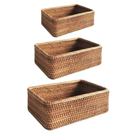 3 size Hand-woven Rattan Wicker Basket Fruit Tea Snack Bread Basket Cosmetic Rectangular Storage Box Household Kitchen Supplies
