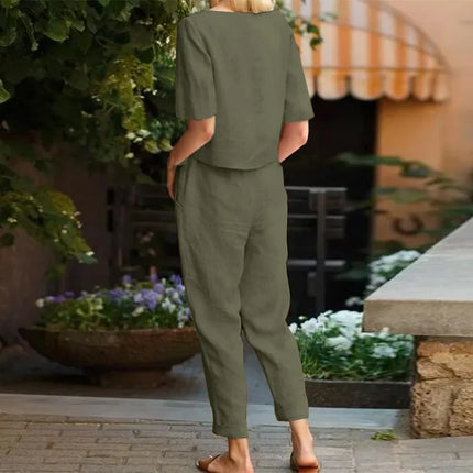 Women's Cotton Linen Suit Summer Matching Suit Half-sleeved Round Neck Tie Elastic Waist Trousers